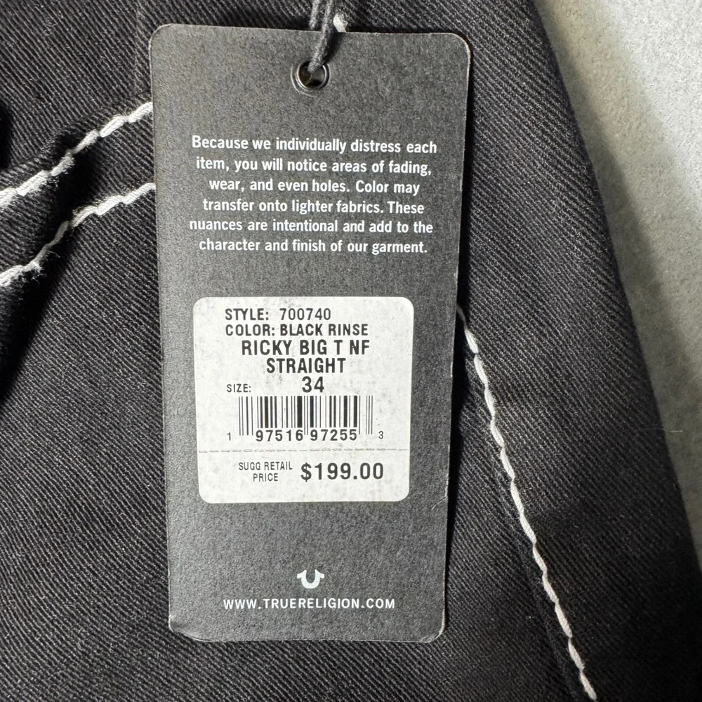 True Religion Ricky Big T NF Men Jeans‎ 34 Black NEW Contrast Stitch 700740